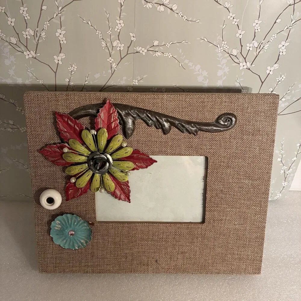 Picture Frame Wrapped In Burlap And Adorned W/ Metal Flowers & Knob. 4”x6” Pic.
